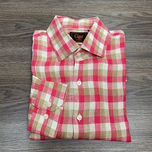 Cigar Couture Red, Tan & Ivory Plaid Linen Shirt L